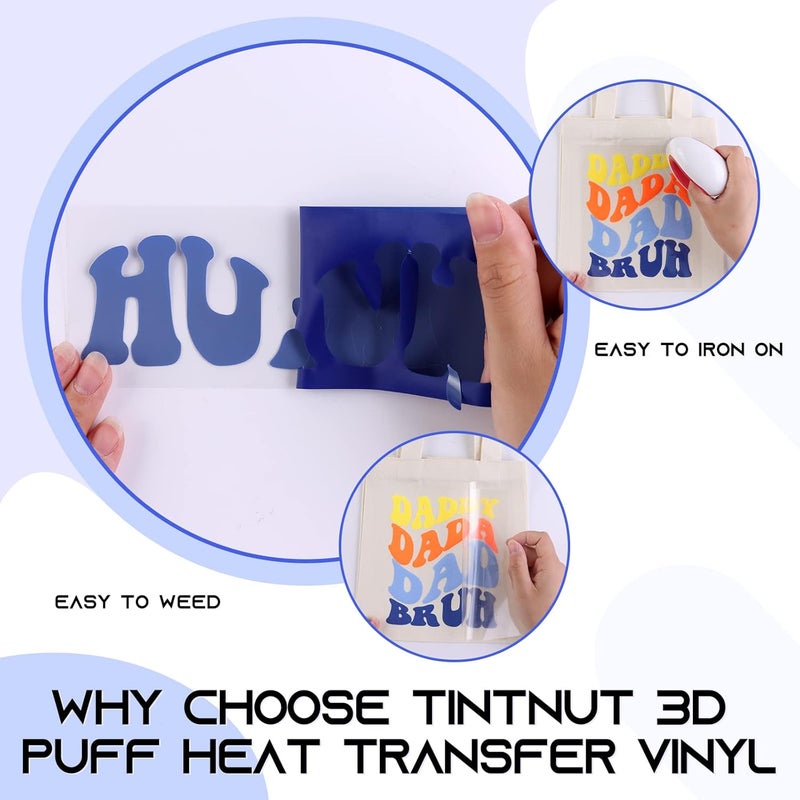 Tintnut Puff Vinyl Heat Transfer - 10inches x 6ft 3D Dark Blue Puff HTV Roll Heat Transfer Vinyl Foaming Colorful Puffy Iron on Vinyl for T-Shirts DIY Compatible with Cricut or Silhoutte Cameo - Image 3